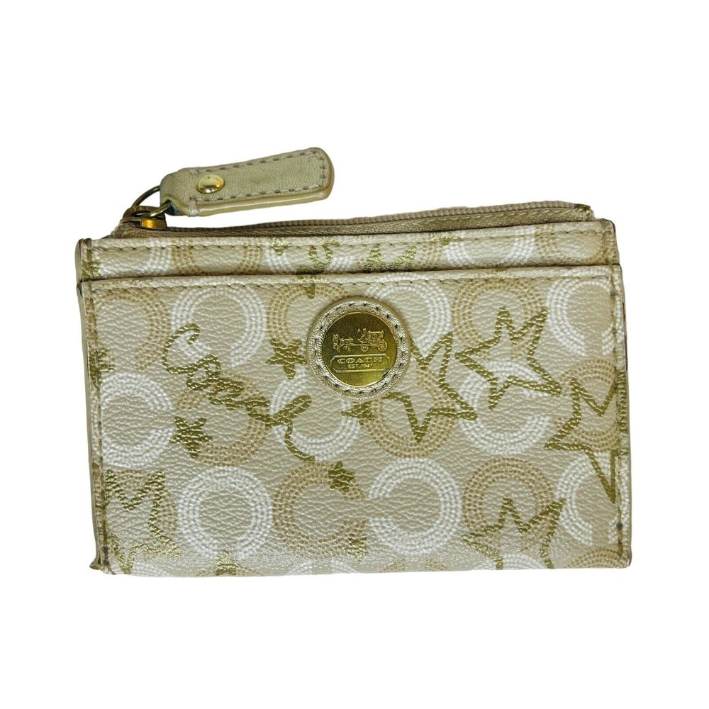 Coach Mini Skinny Leather ID Card, Coin Case, Wallet Key Chain Gold White Stars